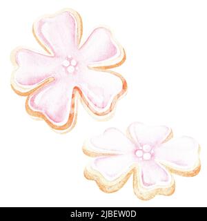 Kekse in Form einer Kirschblüte. Aquarelldarstellung. Isoliert auf weißem Hintergrund. Für Ihr Design Kochbücher, Rezepte, Schürzen, Küche Stockfoto