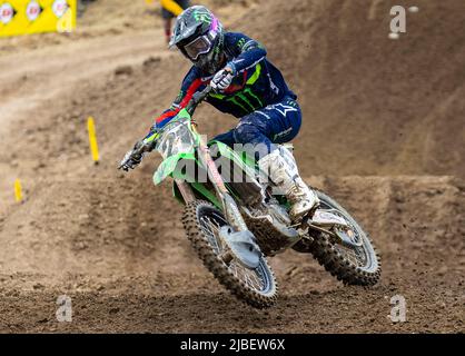 Cordova, CA, Juni 04 2022 Rancho Cordova, CA USA BILDUNTERSCHRIFT KORREKTUR: Jason Anderson tritt in Runde 23 während des Lucas Oil Pro Motocross Hangtown Classic 450 Gruppe A Qualifying in Hangtown Rancho Cordova, CA Thurman James/CSM Stockfoto