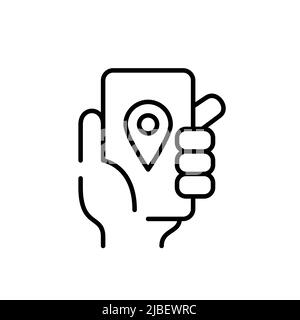 Hand hält ein Smartphone mit einem Kartenzeiger. Pixel-perfektes, bearbeitbares Strichsymbol Stock Vektor