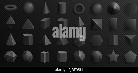 3D geometrische schwarze Figuren und Objekte setzen Vektordarstellung. Realistische Geometrie Grundform für Bildung, Kegel und Prisma, Zylinder und Tetraeder, Kugel isoliert auf transparentem Hintergrund Stock Vektor