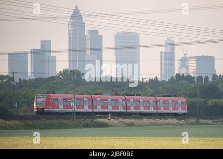 06. Juni 2022, Hessen, Frankfurt/Main: Die S-Bahn zwischen Friedrichsdorf und Frankfurt am Main Südbahnhof (S5) verläuft vor der Kulisse der Frankfurter Skyline. Dank des 9-Euro-Tickets waren am Pfingstwochenende mehr Fahrgäste in den Zügen in Hessen unterwegs. Foto: Sebastian Gollnow/dpa Stockfoto