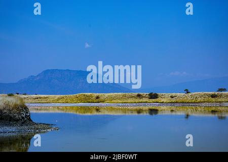 Der Magadi-See ist der südlichste See im Kenia Rift Valley und liegt in einem Einzugsgebiet von vulkanischen Felsen nördlich von Tansania Stockfoto