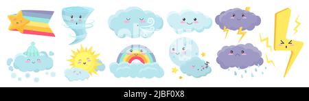 Nette Wetter Elemente, Baby Meteorologie Set Vektor Illustration. Cartoon kawaii regen Wolke Charaktere mit einem schlamvollen oder lustigen Gesicht, Sommer bunten Regenbogen, Blitz, Stern und Mond isoliert auf weiß Stock Vektor