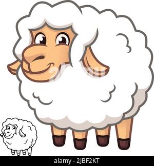 Niedliches glückliches Baby Schaf mit schwarzer und weißer Linienkunstzeichnung, Säugetiere, Vektor-Charakterillustration, Umriss-Cartoon-Maskottchen-Logo in isoliertem Weiß Stock Vektor