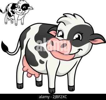 Süße glückliche Milchkuh mit schwarz-weißen Linienkunstzeichnung, Säugetiere, Vektor-Charakterillustration, Umriss Cartoon Maskottchen-Logo in isoliertem Weiß Stock Vektor