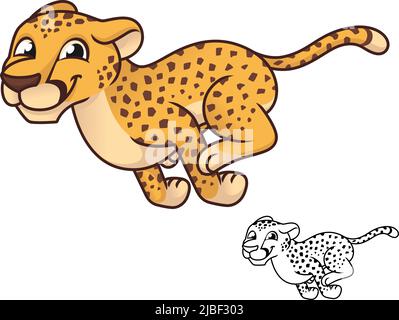 Niedliche Happy Cheetah läuft schnell mit Schwarz-Weiß-Linienkunstzeichnung, Säugetiere, Vektor-Charakterillustration, Umriss Cartoon Mascot Logo in isoliert Stock Vektor
