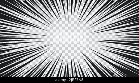 Burst-Frame mit Manga-Geschwindigkeit. Radiale Anime-Geschwindigkeitslinien. Crash-Zoom-Effekt für Comics. Schablone für die Überlagerung radialer Linien. Manga-brust-Rahmen. Boom-Effekt Stock Vektor