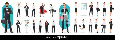 Geschäftsmann und Geschäftsfrau posiert Set Vektor Illustration. Cartoon-Mitarbeiter oder Regisseur Figuren in Bürokleidung reden, professionelle Manager aus dem Unternehmensteam stehen, springen isoliert weiß Stock Vektor