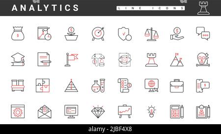 Business Analytics-Service, dünne rote und schwarze Linien-Symbole setzen Vektordarstellung. Abstract Digital Finance Information Research and SEO Strategy for Revenue Growth, Startup Investment and Management Stock Vektor