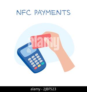 NFC-Zahlungen. Kontaktlose Bezahlung per Bankkarte und POS-Terminal. NFC-Technologie für Nahfeldkommunikation. Bargeldloses Bezahlen. Hand hält Plast Stock Vektor