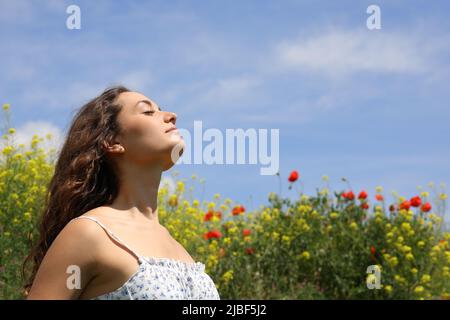 Entspannte Frau atmet frische Luft in einem Blumenfeld Stockfoto