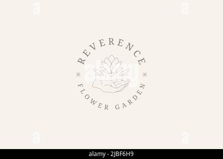 Zarte einfarbige natürliche Lotus in menschlichen Händen Kreis Logo mit Platz für Text Vektor Illustration. Minimalistische spirituelle botanische Blume entspannen medi Stock Vektor