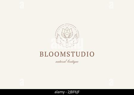 Helle minimalistische Logo menschliche Hände halten natürliche esoterische Lotusblume spirituelle Logo Vektor Illustration. Line Art monochrom Emblem Spa Entspannung Stock Vektor