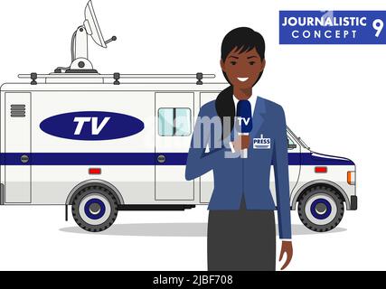 Detaillierte Illustration des afroamerikanischen Journalisten und TV- oder Nachrichtenwagens in flacher Ausführung auf weißem Hintergrund. Stock Vektor