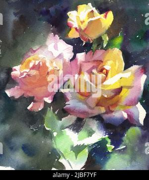 Blumen Aquarell Illustration. Zartes Bouquet. Bildermalerei zur Gestaltung von Plakaten, Karten, Einladungen zum Druck auf Leinwand Stockfoto