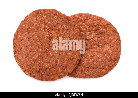 Zwei panierte Hähnchenburger-Patties, gutes Essen, isoliert auf weißem Hintergrund, Draufsicht, flach liegend Stockfoto