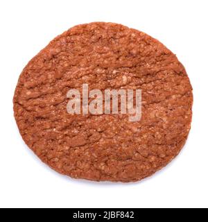 Ein paniertes Burger-Patty, mittelgutes Essen, isoliert auf weißem Hintergrund, Draufsicht, flach liegend Stockfoto