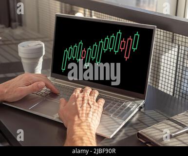 Mann, der für die Analyse der Kursbewegung einen Kerzengraphen am Laptop verwendet. Geschäftsmann reicht die Tastatur. Investor sitzt am Tisch mit Computer, Notebook und Tasse und arbeitet mit Finanzchart. Foto Stockfoto