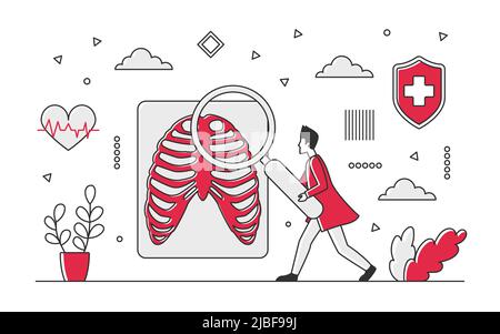 Diagnose der medizinischen Radiologie-Tests für den Körper. Röntgengeräte des Krankenhauses für die Thoraxuntersuchung, Vektor-Monokolor-Illustration Stock Vektor