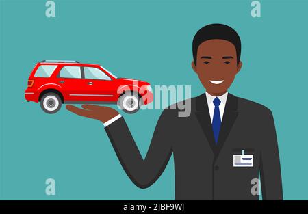 Lächelnder Verkäufer zeigt das Auto. Auto Business Auto Verkauf Konzept. Detaillierte Illustration des afroamerikanischen Geschäftsmannes und des roten Autos auf weißem Hintergrund Stock Vektor