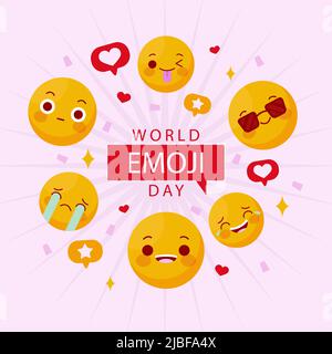 Flache Welt Emoji Tag Illustration mit Emoticons Vektor Illustration. Stock Vektor