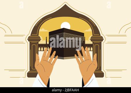 Flacher hajj Hintergrund mit Händen im Gebet Haltung Vektor-Illustration. Stock Vektor