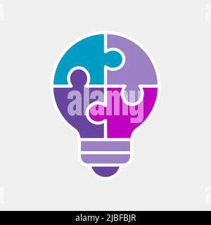 Buntes Puzzle-Symbol für Glühbirnen. Problemlösungskonzept. Kreative Teamidee. Business-Plan-Elemente. Zusammenarbeit und Brainstorming. Vektor, flach. Stock Vektor