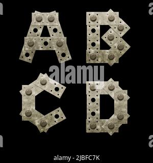 3D Rendering von Metall Befestigungsplatte Großbuchstaben Alphabet - Buchstaben A-D Stockfoto