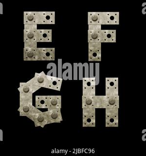 3D Rendering von Metall Befestigungsplatte Großbuchstaben Alphabet - Buchstaben E-H Stockfoto