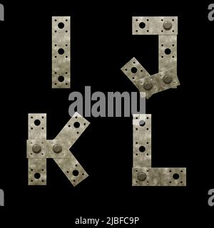 3D Rendering von Metall Befestigungsplatte Großbuchstaben Alphabet - Buchstaben I-L Stockfoto