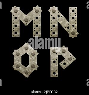 3D Rendering von Metall Befestigungsplatte Großbuchstaben Alphabet - Buchstaben M-P Stockfoto