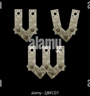 3D Rendering von Metall Befestigungsplatte Großbuchstaben Alphabet - Buchstaben U-W Stockfoto