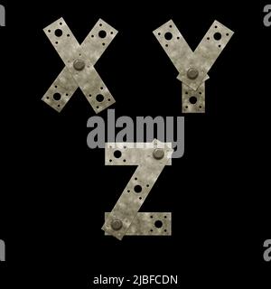 3D Rendering von Metall Befestigungsplatte Großbuchstaben Alphabet - Buchstaben X-Z Stockfoto