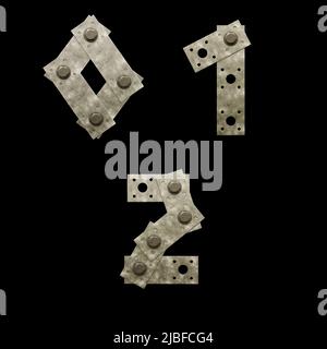 3D Rendering von Metall Befestigungsplatte Großbuchstaben Alphabet - Ziffern 0-2 Stockfoto