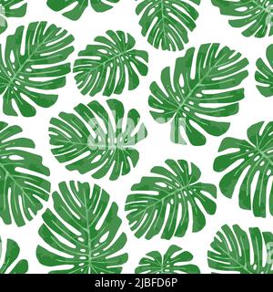 Nahtloses Muster mit einfachen Monstera-Blättern im Aquarellstil auf weißem Hintergrund abstraktes tropisches Laub für Geschenkverpackung, Postkarten, Textil, f Stock Vektor