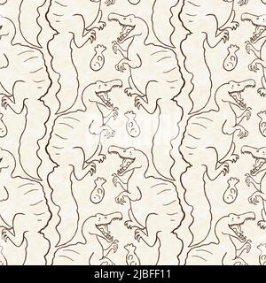 Braunes, handgezeichnetes Spinosaurus-Dinosaurier-Nahtloses Muster. Gender Neutral Jurassic fossile Silhouette für Baby-Nursery. Home Dekor für Museum, Aussterben Stockfoto