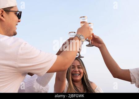 Hispanische Frau toasten mit einer Gruppe von Freunden und Familie bei einer Cocktailparty Stockfoto