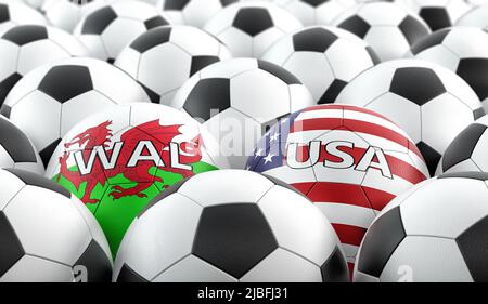 USA vs. Wales Soccer Match - Lederkugeln in den Nationalfarben USA und Wales. 3D Rendering Stockfoto