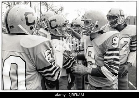 Nach einer Touchdown-Fahrt gratulieren sich die Fußballspieler der Canarsie High School gegenseitig. 1982 auf einem Feld in Brooklyn, NYC. Stockfoto