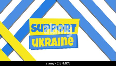 Bild von Support ukraine Text über blauen und gelben Streifen Stockfoto