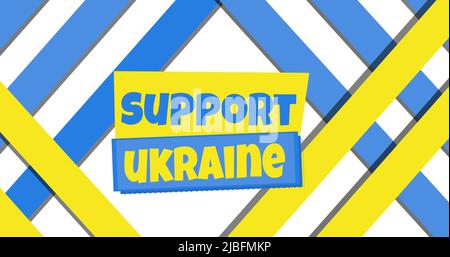 Bild von Support ukraine Text über blauen und gelben Streifen Stockfoto