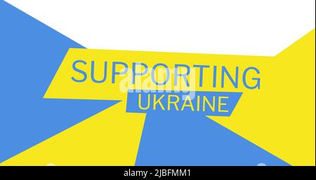 Bild der Unterstützung ukraine Text über blauen und gelben Formen Stockfoto