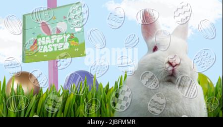 Zusammengesetztes Bild von ostereiern-Ikonen gegen osterhasen, grünes Gras und ostereier Stockfoto