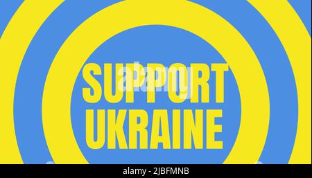 Bild der Unterstützung ukraine Text über blauen und gelben Kreisen Stockfoto