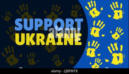 Bild der Unterstützung ukraine Text über gelben Händen Stockfoto
