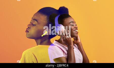 Glückliche afroamerikanische Dame, die Musik hört, doppelte Belichtung Stockfoto