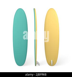 3D blaues und gelbes Surfbrett. Realistisches Sommerzeit-Symbol isoliert auf weißem Hintergrund. Sommerzeitobjekt. Vektorgrafik. Stock Vektor
