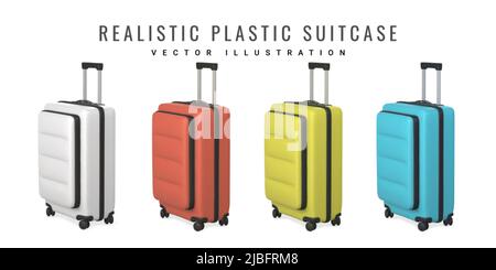 Set mit 3D Reisetaschen. Realistischer Plastikkoffer. Tourismus-Symbol auf weißem Hintergrund isoliert. Vektorgrafik. Stock Vektor