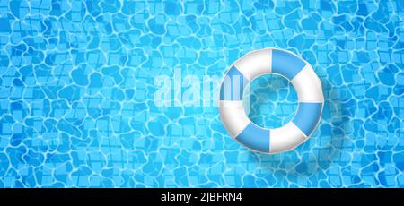 3D Schwimmring auf dem blauen Wasserhintergrund. Realistischer Schwimmkreis. Draufsicht Sommerzeit Symbol auf Meer, Meer, Pool Hintergrund. Vektorgrafik. Stock Vektor