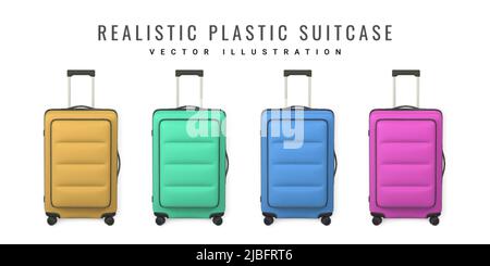 3D Travel Trolley Tasche vorne mit Blick auf die Vorderseite. Realistischer Plastikkoffer. Tourismus-Symbol auf weißem Hintergrund isoliert. Vektorgrafik. Stock Vektor